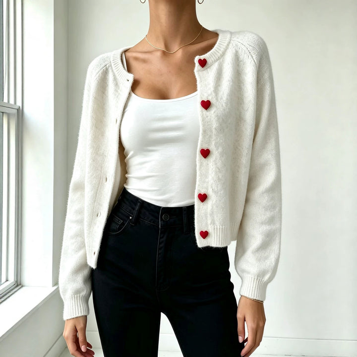 Women's knit cardigan with heart-shaped decorative buttons and soft mohair look Mune Fashion