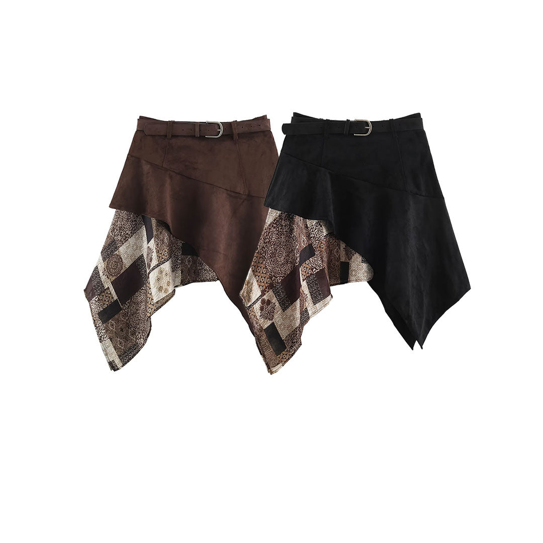 Women's Asymmetric Patchwork Wrap Skirt with Waist Belt and Layered Look Mune Fashion