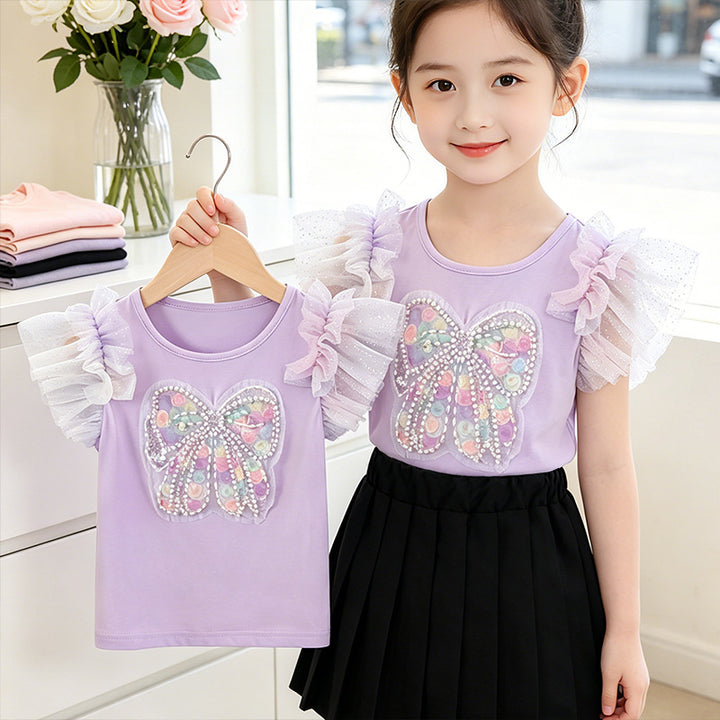 Girl's T-shirt with eye-catching butterfly design and lace sleeves Mune Fashion