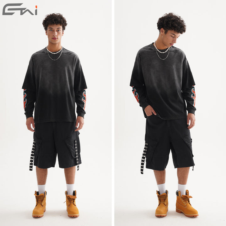 Men's Oversize Long Sleeve Shirt with Double Layer Look and Used Details Mune Fashion