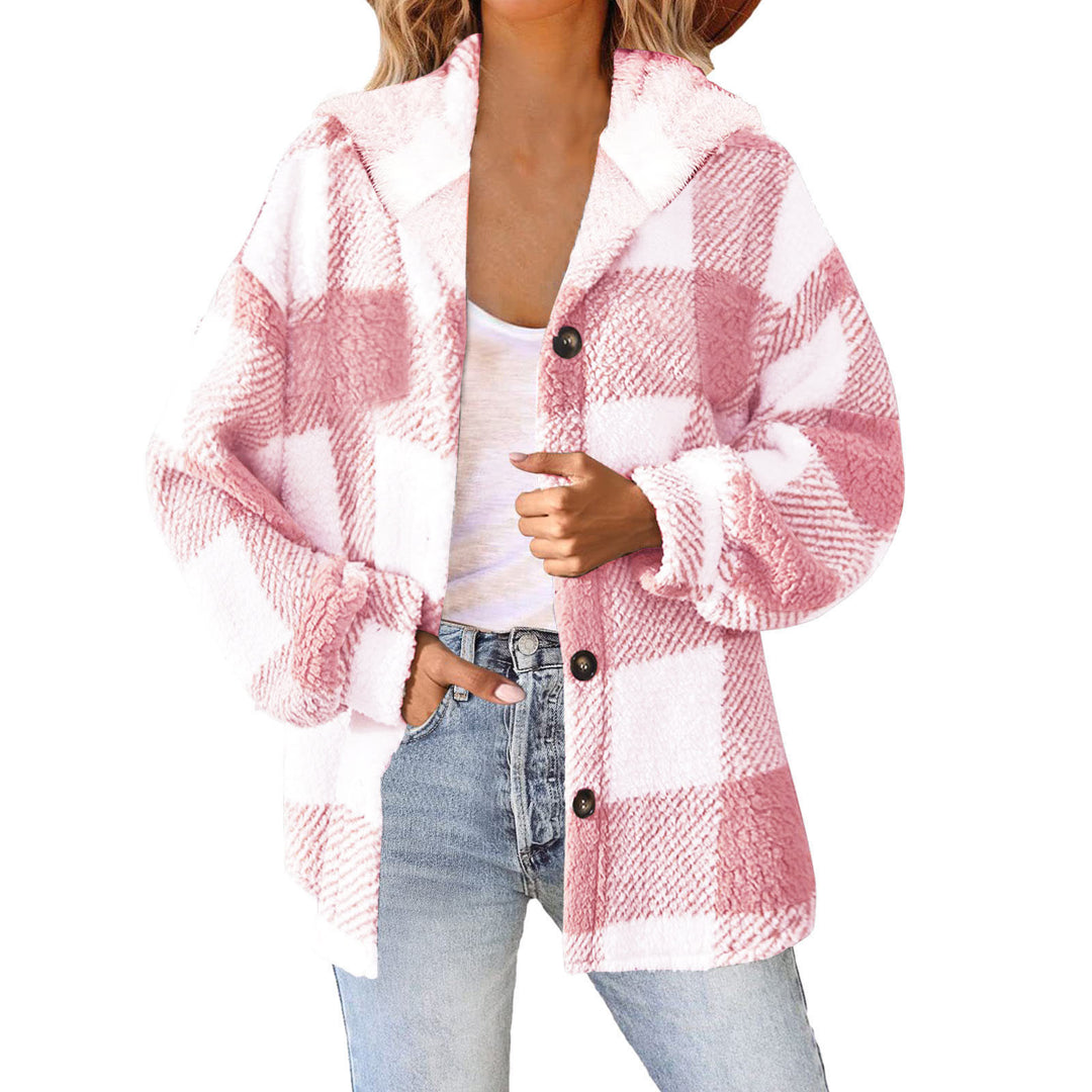 Women's fluffy checked teddy jacket with hood, button closure and oversized fit Mune Fashion