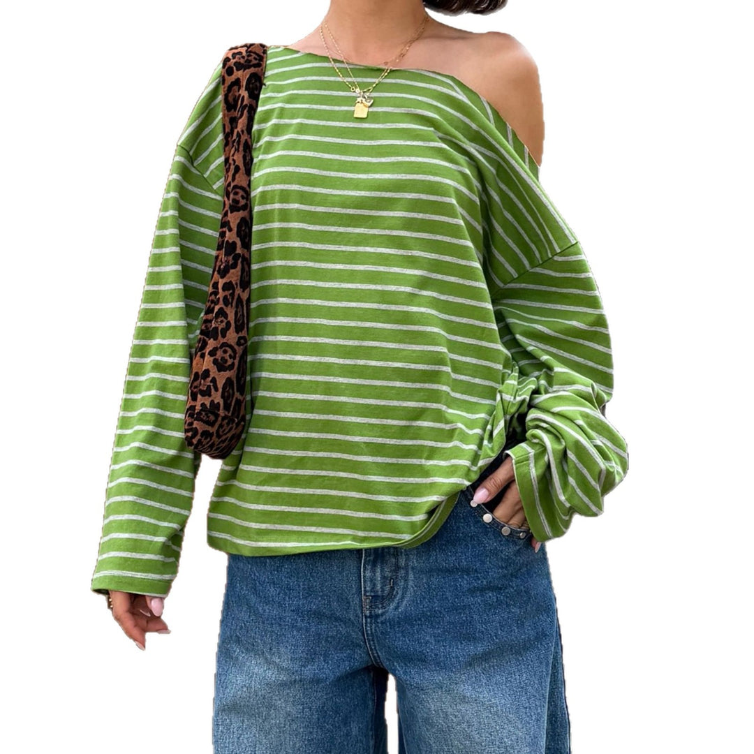 Women's Oversize Long Sleeve Top with Wide Neckline, Maritime Stripes and Relaxed Fit Mune Fashion