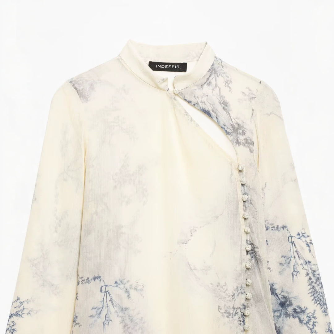 Women Silk Look Chiffon Blouse with Stand-up Collar and Asymmetrical Knot Button Placket Mune Fashion