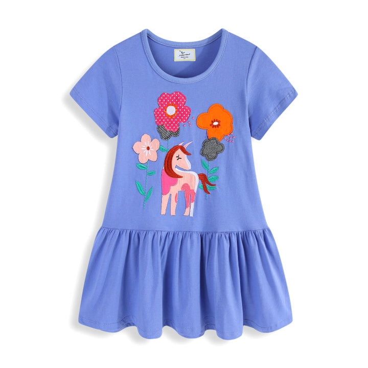 Girls cotton dress with hand-stitched unicorn appliqué Mune Fashion