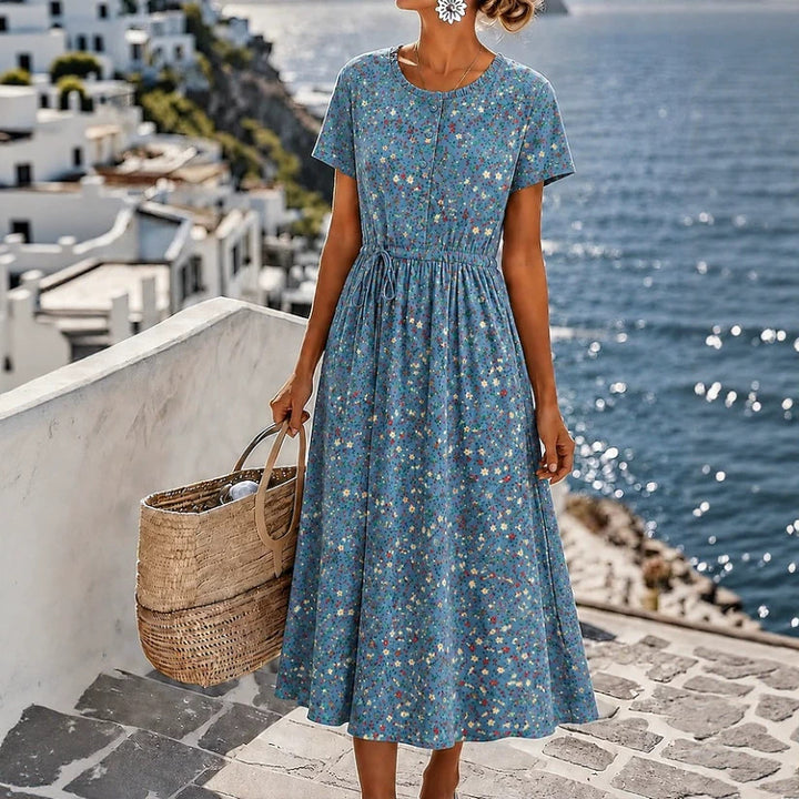Ladies Midi Dress with Floral Allover Print, Drawstring Waistband and Button Placket Mune Fashion