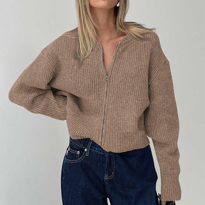 Women's short zip knit top with ribbed hem, dropped shoulder and soft wool blend Mune Fashion