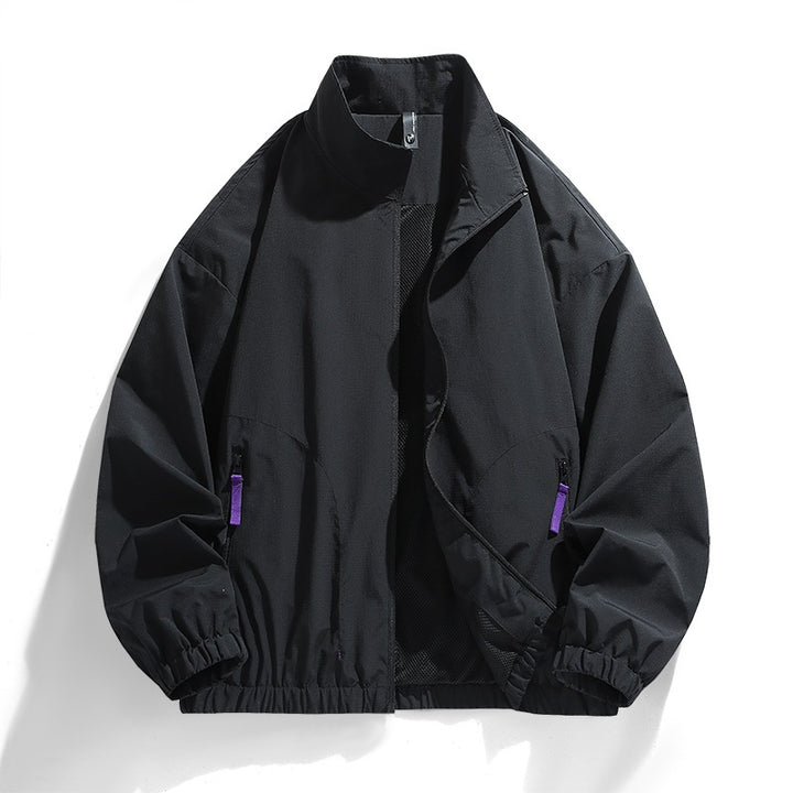 Men's Lightweight Windbreaker Transitional Jacket with Stand Collar, Mesh Inner Lining, Zipper Pockets & Elastic Hem Mune Fashion