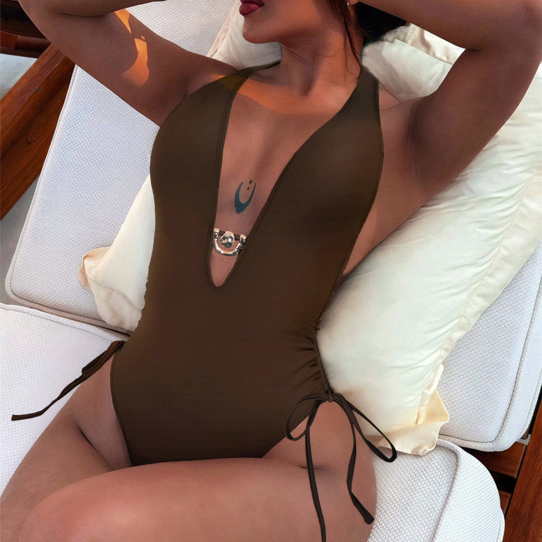 Women Elegant Cut-Out Swimsuit with Deep V-Neck and Stylish Ties Mune Fashion