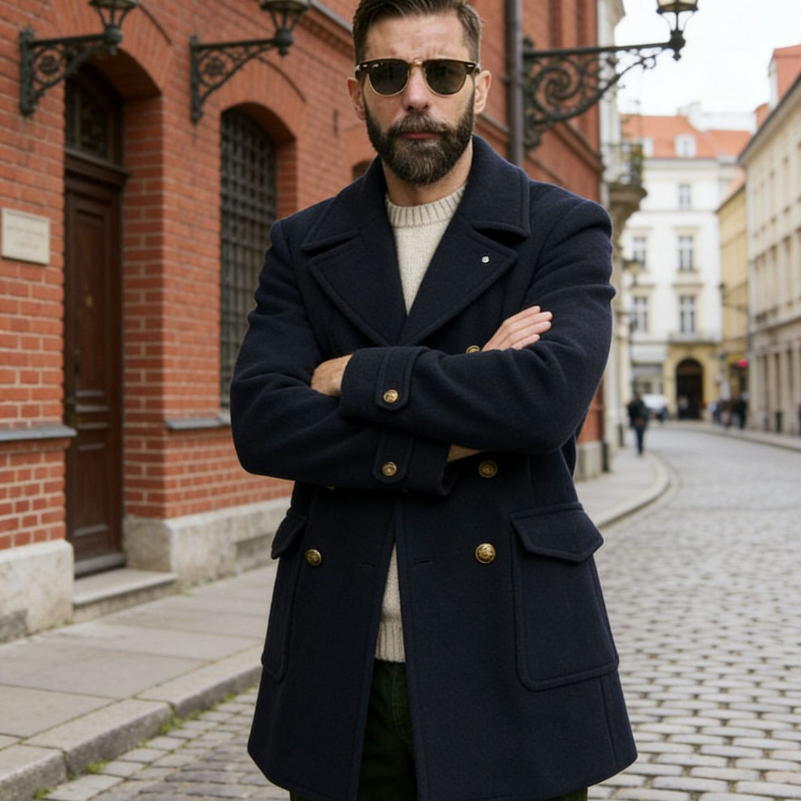 Men's Double-Breasted Wool Coat in Navy Style with Golden Buttons Mune Fashion