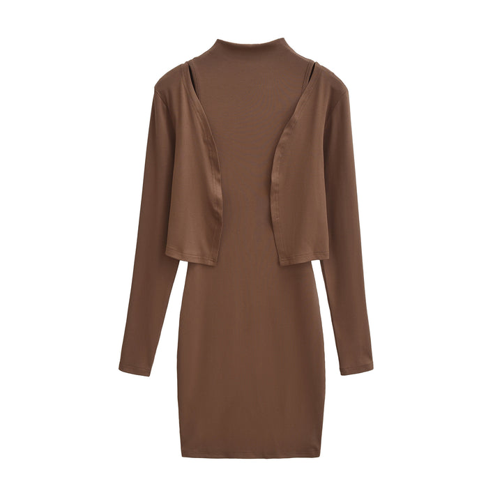 Ladies Figured Close-Fitting Midi Dress with Integrated Bolero and Stand-Up Collar Mune Fashion