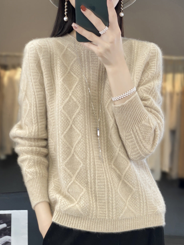 Ladies cable knit fine knit sweater with lace panels and soft mohair finish Mune Fashion