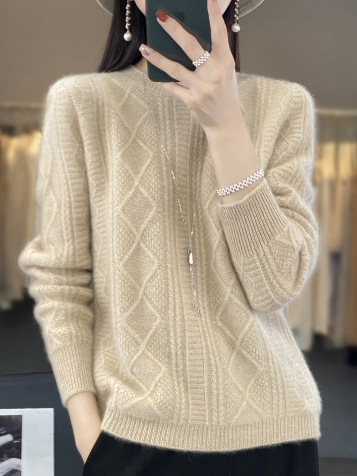 Ladies cable knit fine knit sweater with lace panels and soft mohair finish Mune Fashion