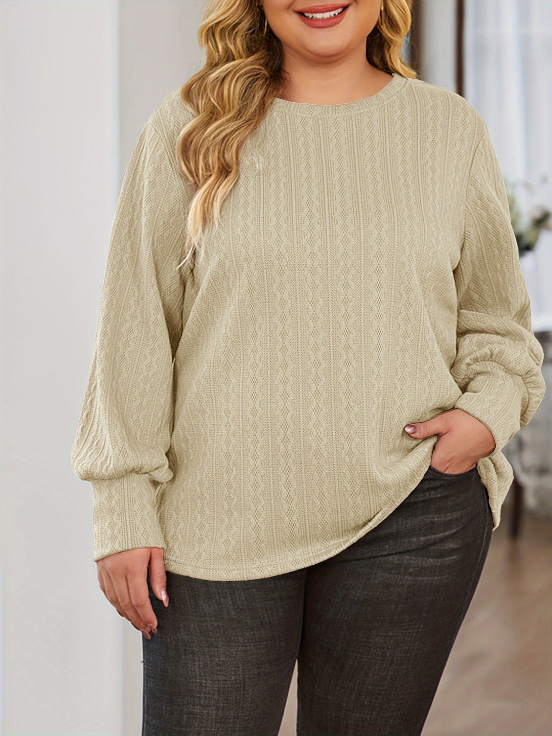 Women Textured Oversized Knit Sweater with Round Neck and Balloon Sleeves Mune Fashion