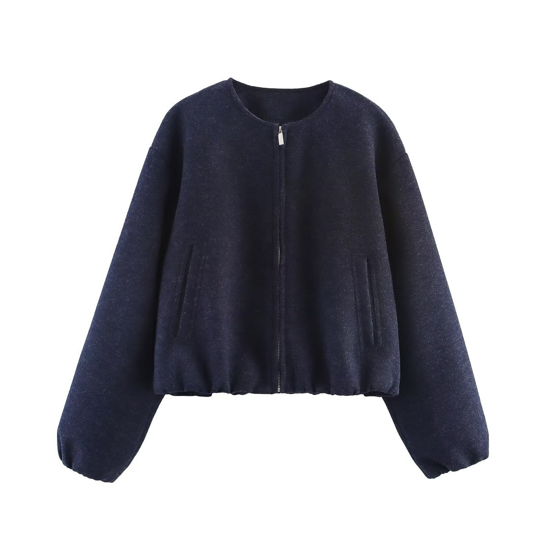 Women Short Bomber Jacket with Round Neck, Zipper and Elastic Hem Mune Fashion