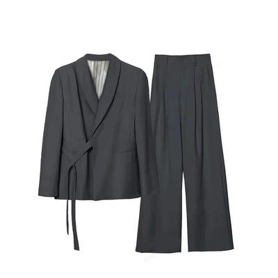Women's Asymmetric Wrap Blazer Set with Tie Belt and Wide Pleat Pants Mune Fashion
