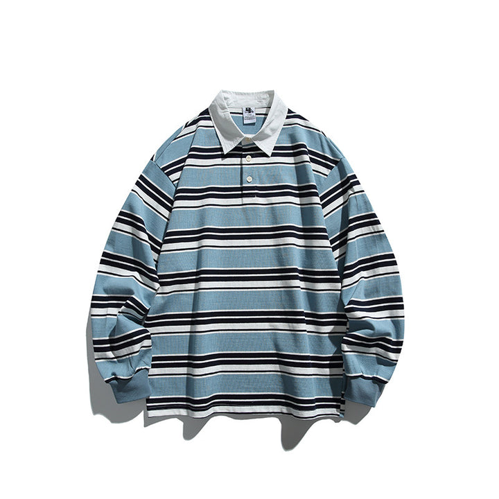 Unisex Oversize-Long Sleeve-Rugby Shirt with Contrast Collar and Distinctive Striped Pattern Mune Fashion