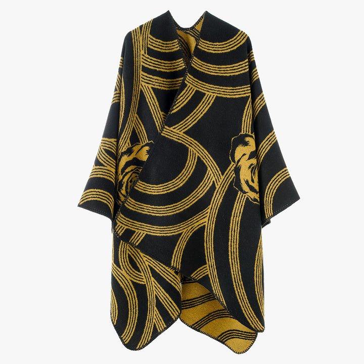 Women's Jacquard Cape Poncho with Rose Motif and Open Front Mune Fashion