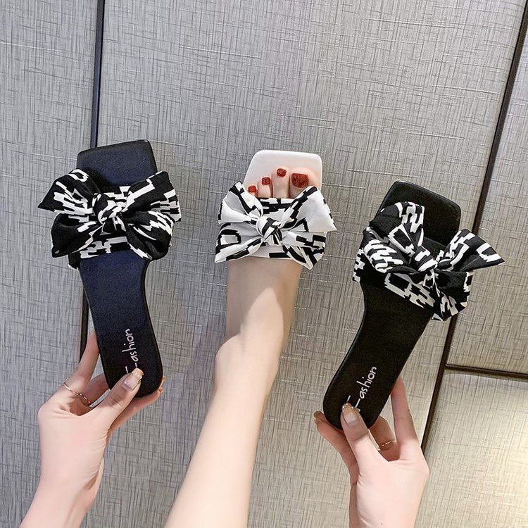 Women's Flat Strap Slides with Large Fabric Knot and Square Toe Party Mune Fashion