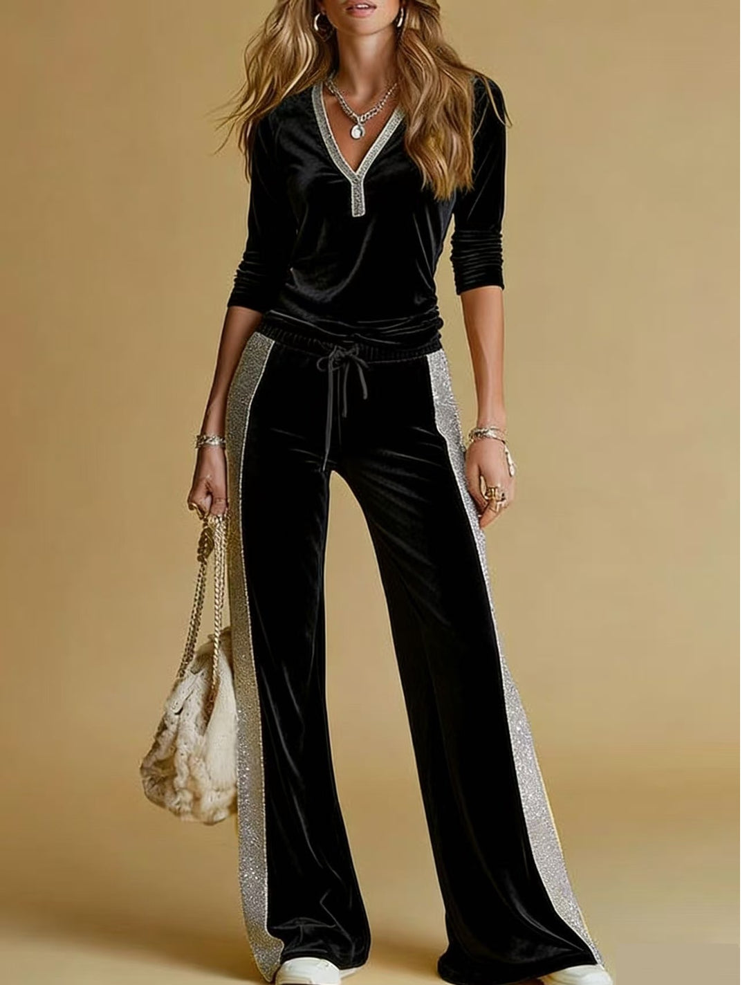 Women's Velvet Jogging Suit with V-Neck and Glittering Side Stripes Mune Fashion