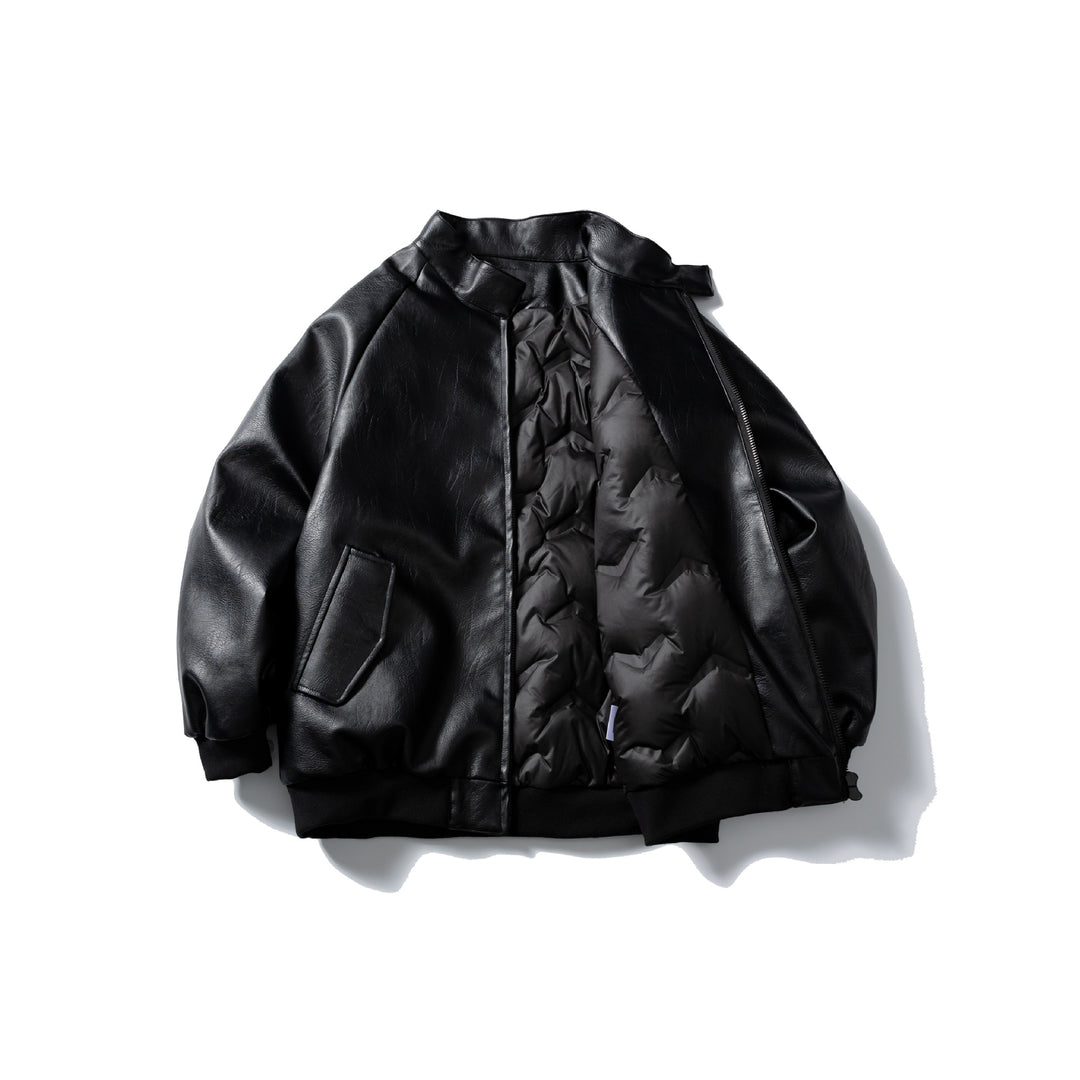 Men's short-cut faux leather bomber with stand-up collar and side pockets Mune Fashion