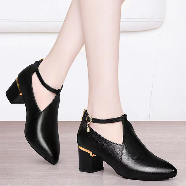 Ladies pointy-toed pumps with cut-out, ankle strap, heel zipper, and mid-high block heel Mune Fashion