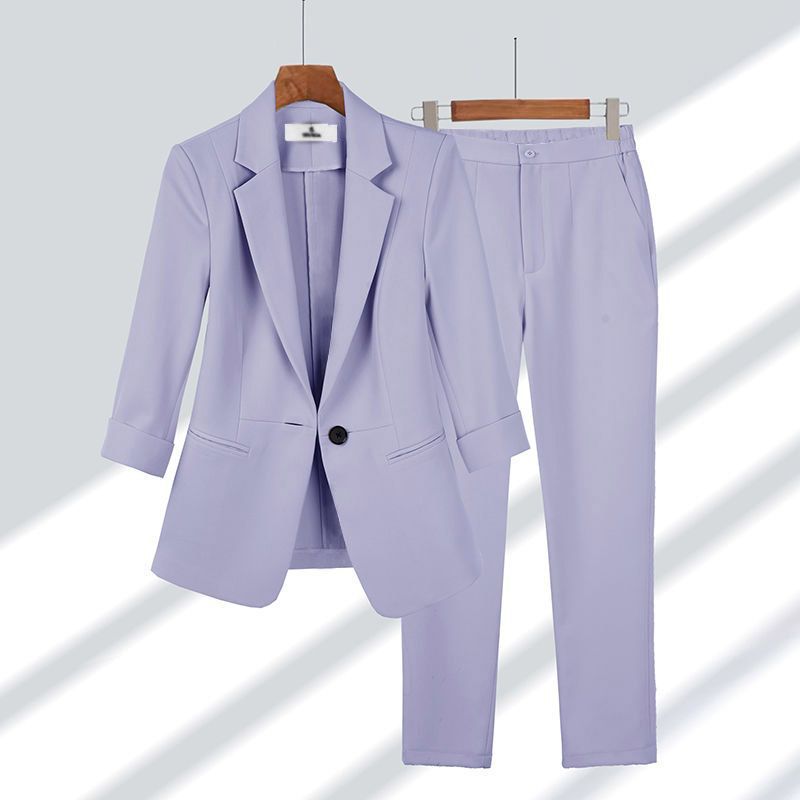 Women's slim two-piece business blazer with roll-up 3/4 sleeves and high-cut tapered pants Mune Fashion