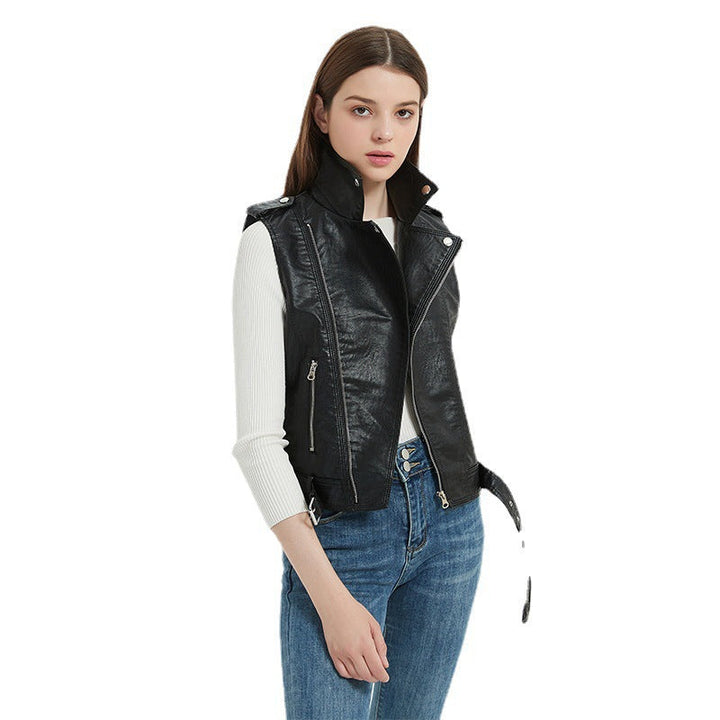 Women's biker leather vest with asymmetrical zipper