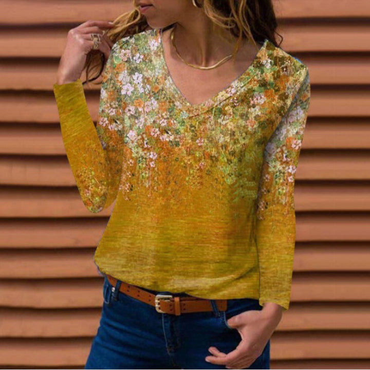 Women Long Sleeve V-Neck Tunic with Floral Watercolor Print and Light Jersey Quality Mune Fashion