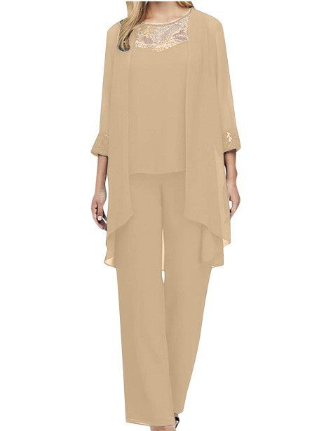 Women's flowing chiffon evening ensemble with lace trim, kimono cardigan and wide palazzo pants Mune Fashion