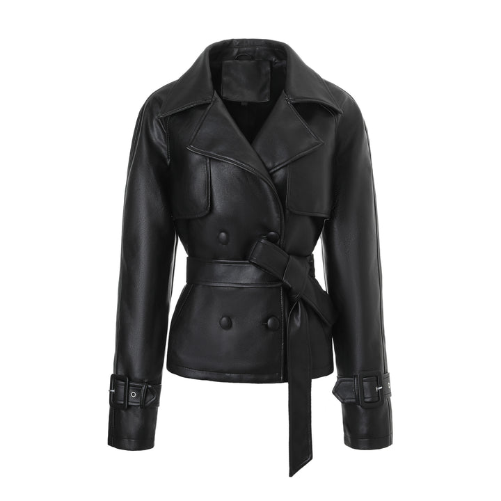Women's Elegant Faux Leather Jacket with Belt Mune Fashion