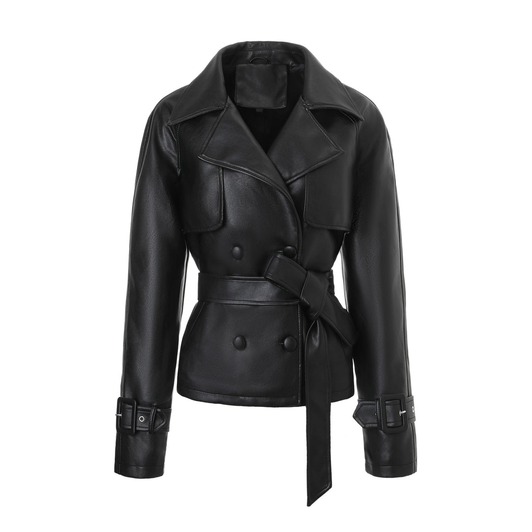 Ladies short trench coat in leather look with double-breasted button placket and waist belt Mune Fashion