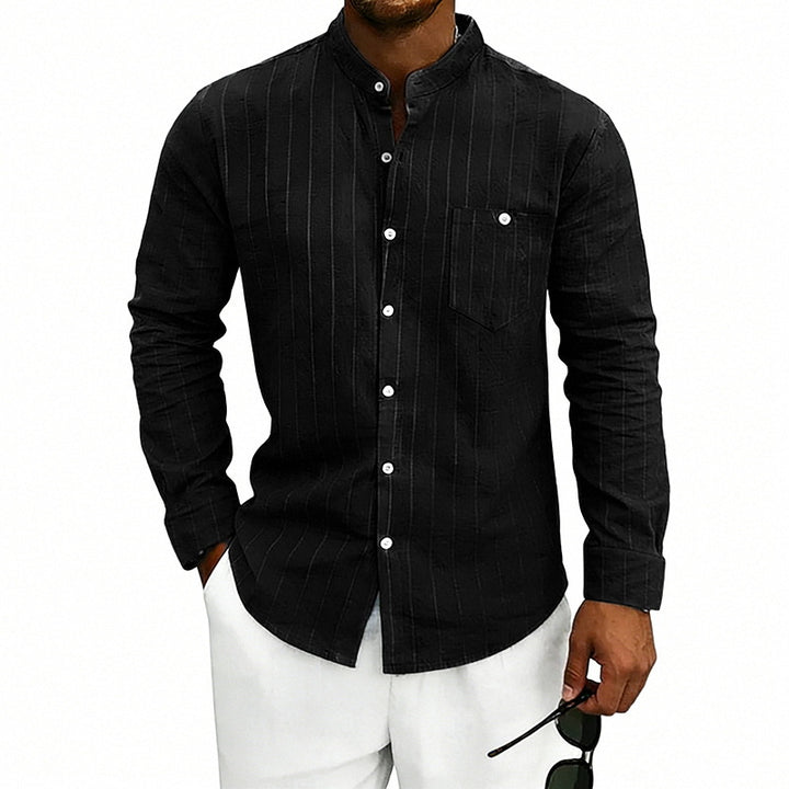 Men's breathable pinstripe long-sleeve shirt with stand collar, chest pocket, and rounded hem Mune Fashion