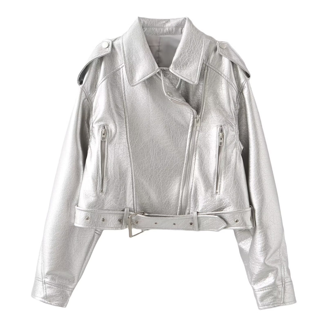 Women's short biker jacket made of soft synthetic leather with waist belt Mune Fashion