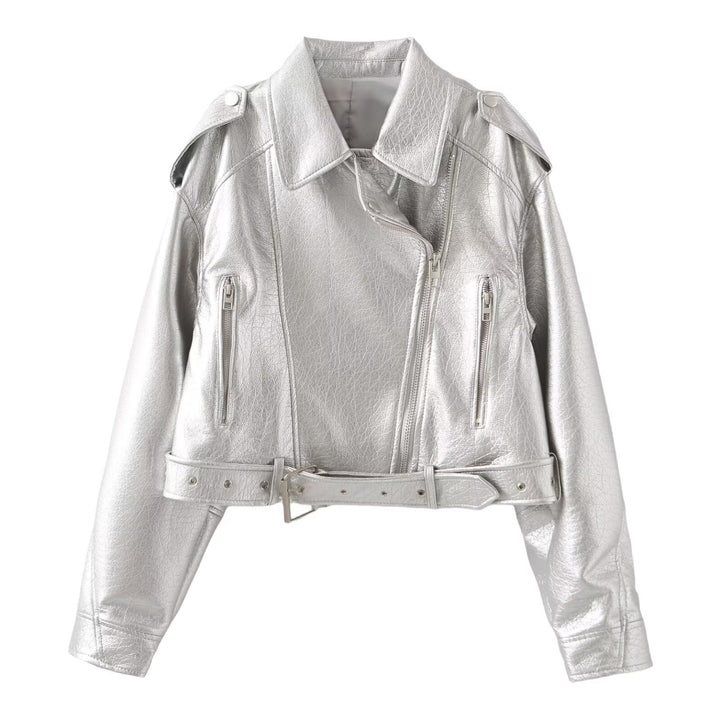 Women's short biker jacket made of soft synthetic leather with waist belt Mune Fashion
