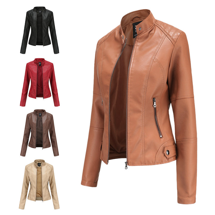 Women in slim faux leather biker jacket with stand-up collar and shaping darts Mune Fashion