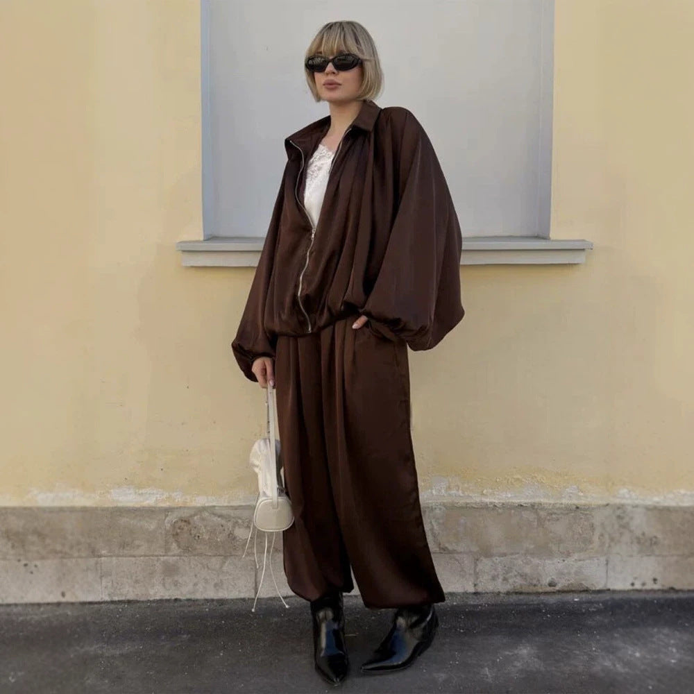 Women Elegant Satin Two-Piece Set with Oversize Blouse and Wide Palazzo Pants Mune Fashion