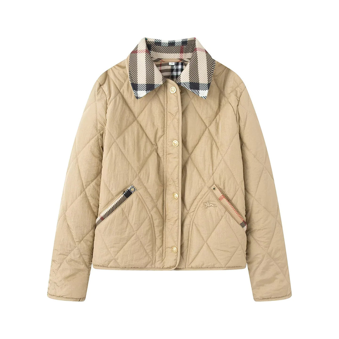 Women's padded short jacket with check collar and piped side pockets Mune Fashion