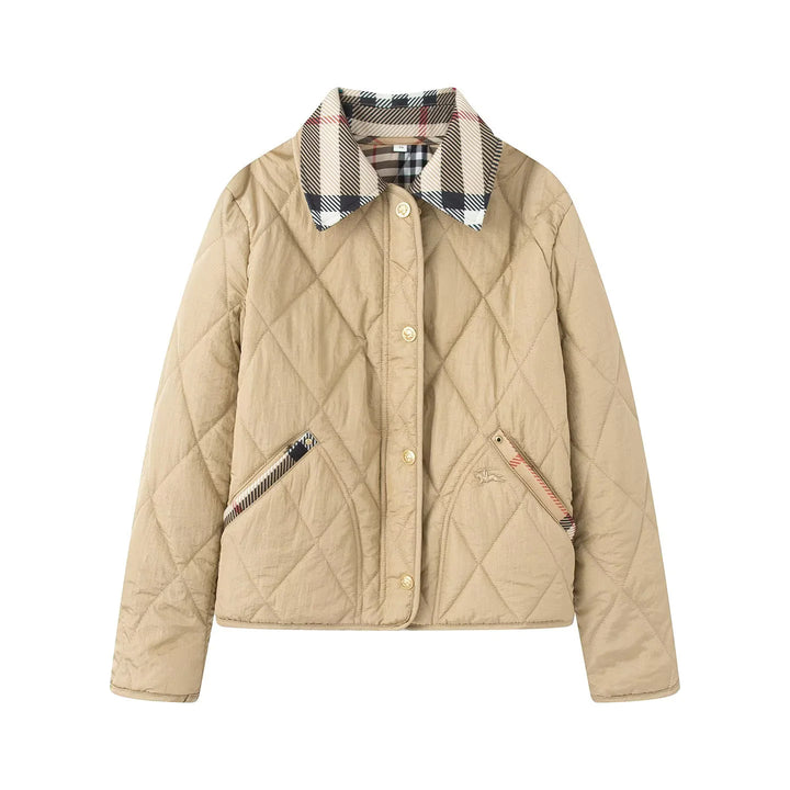 Women's padded short jacket with check collar and piped side pockets Mune Fashion