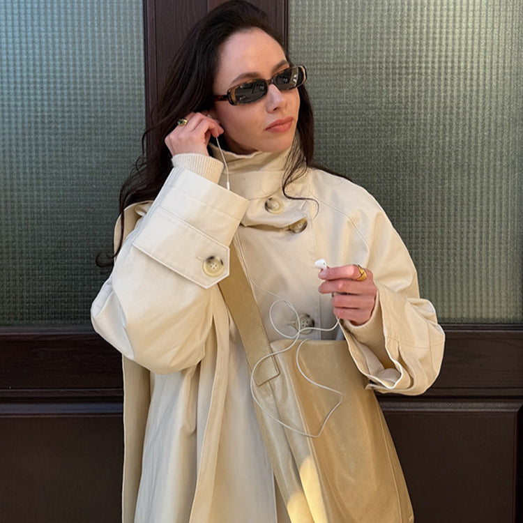 Ladies Short Oversize Trench Coat with High Stand-Up Collar, Concealed Button Placket & Wide Cuffs Mune Fashion