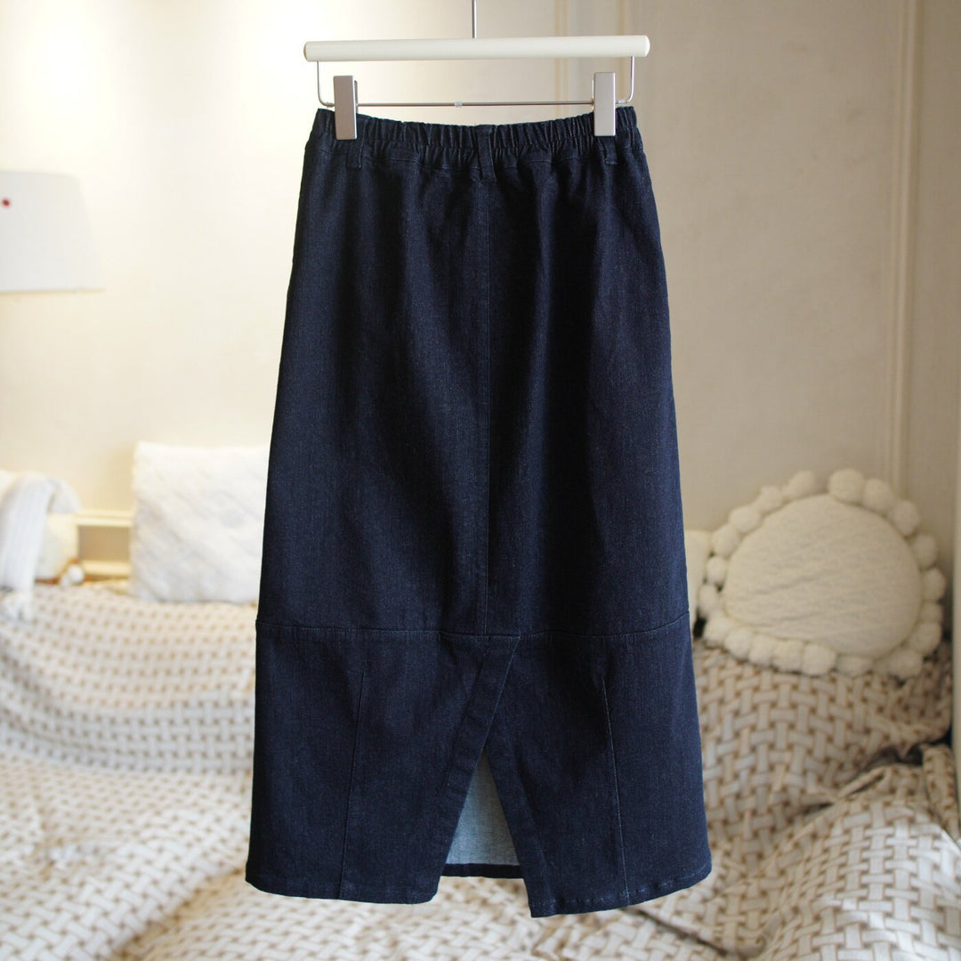 Ladies Jeans Midi Skirt with Elastic Waistband Mune Fashion