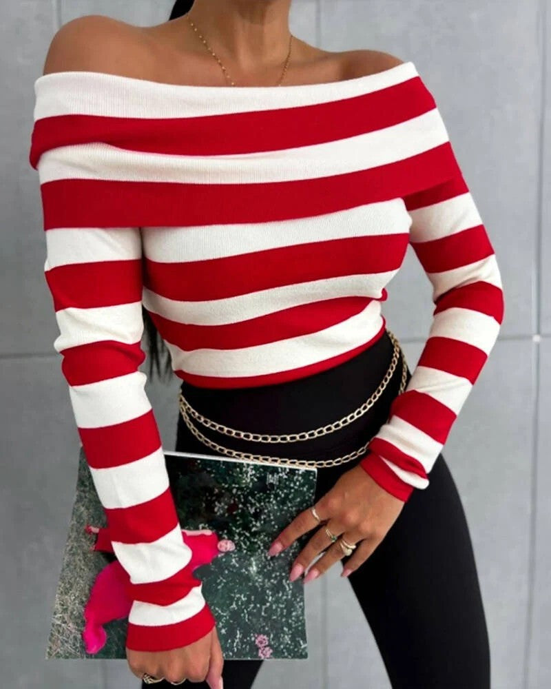 Women Casual Striped Off-Shoulder Top Mune Fashion
