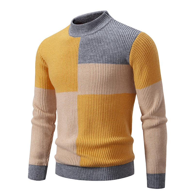 Men's chunky knit sweater with stand-up collar and contrasting block stripe pattern Mune Fashion