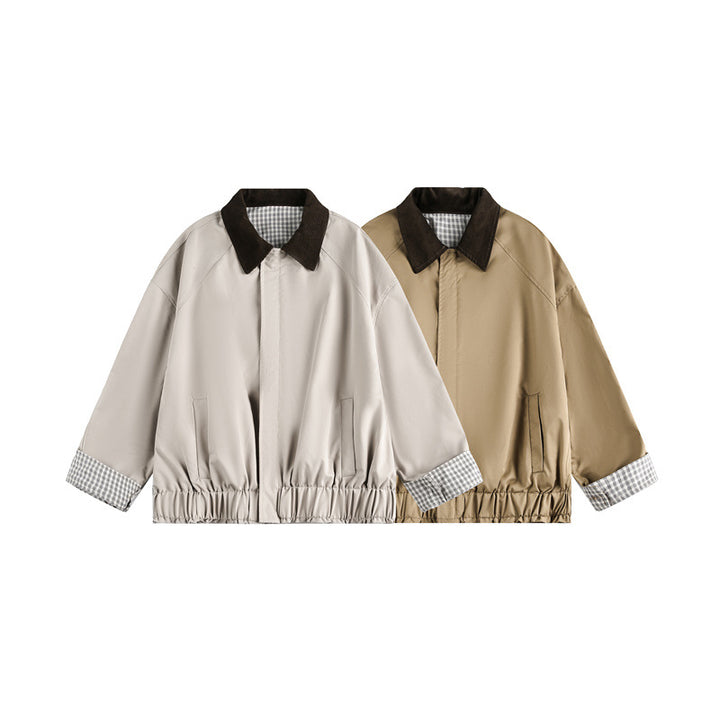 Unisex Short Cut Boxy Blouson Jacket with Cord Collar and Checked Sleeve Cuff Mune Fashion