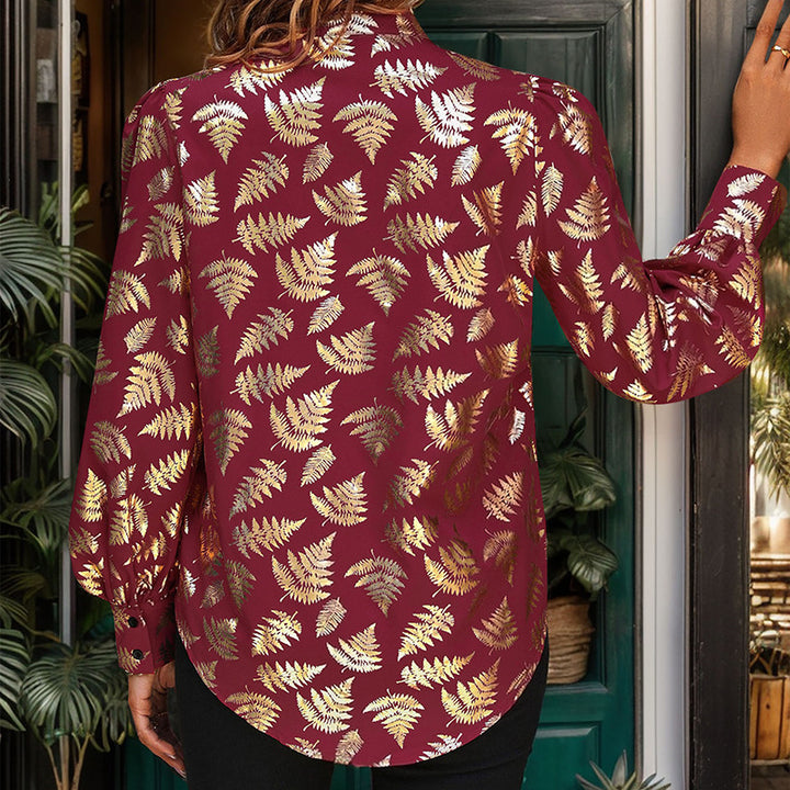 Women's satin blouse with metallic fern print, stand collar & puff sleeves Mune Fashion