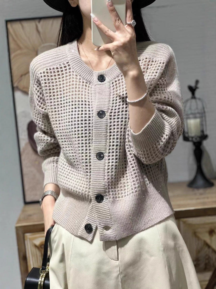 Women Loose Mesh Cardigan with Openwork, Round Neckline and Button Placket Mune Fashion