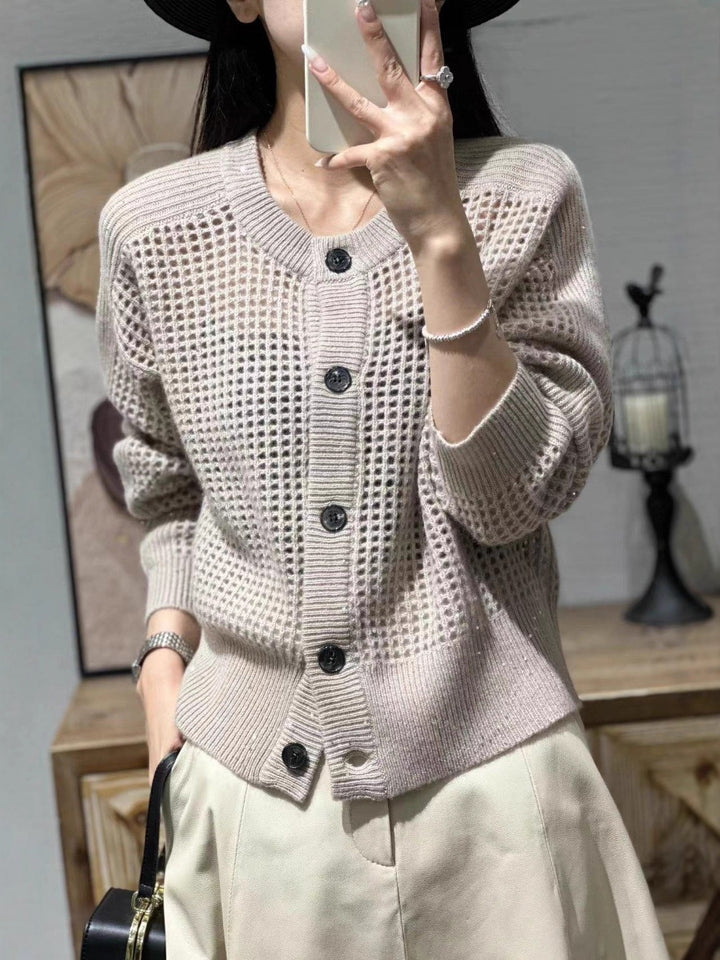 Women Loose Mesh Cardigan with Openwork, Round Neckline and Button Placket Mune Fashion
