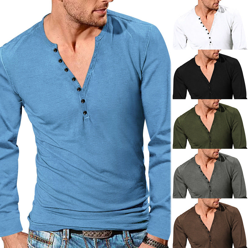Men's long-sleeve Henley shirt with deep V-button placket, slim fit, and lightweight cotton blend Mune Fashion