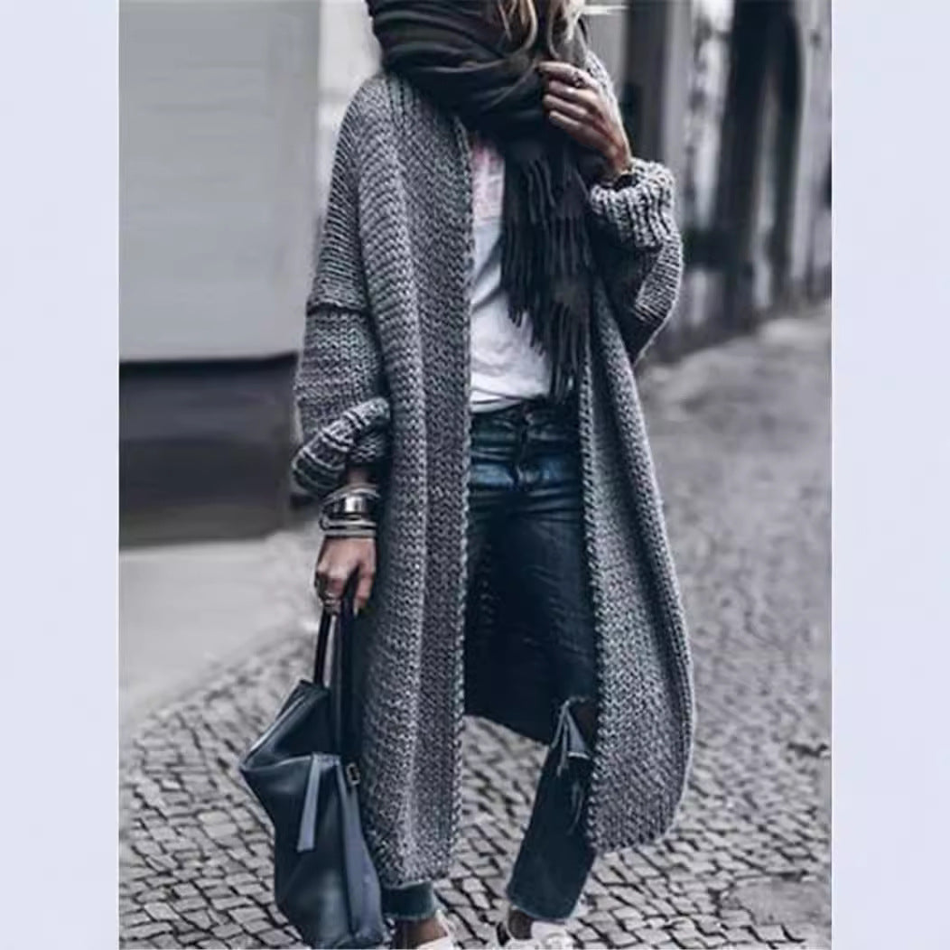 Women's Long Chunky Knit Mantle Cardigan with Drop Shoulder and Open Front Mune Fashion