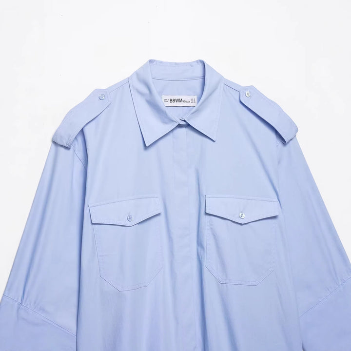 Women’s Oversized Shirt Blouse in Utility Style with Epaulettes and Flap Pockets Mune Fashion