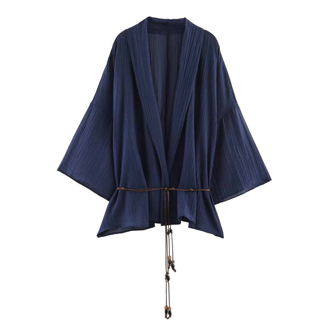 Women Pleated Oversized Kimono with Hip Cord and Trumpet Sleeves Mune Fashion